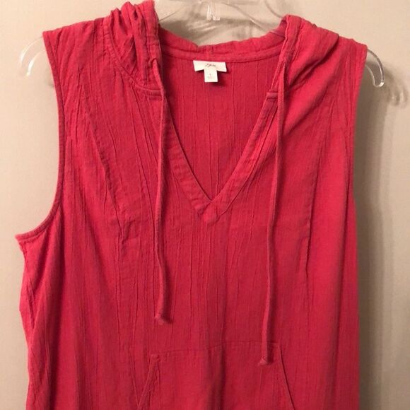 J JILL SIZE LARGE RASPBERRY PINK SLEEVELESS HOODED CRINKLE COTTON DRESS - Picture 3 of 8